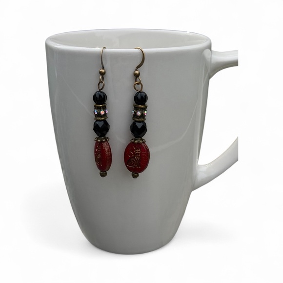 Handcrafted Cat Red and Black Dangle Earrings - Picture 2 of 5
